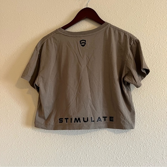 Women's "Grind it Out" Stimulate Fitness Walnut Gray Workout Crop Tee Sz Med - Picture 3 of 6